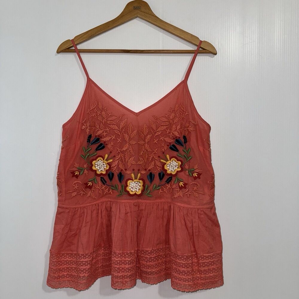 Anthropologie Gia Embroidered Peplum Style Tank Top Coral US 6 Women’s